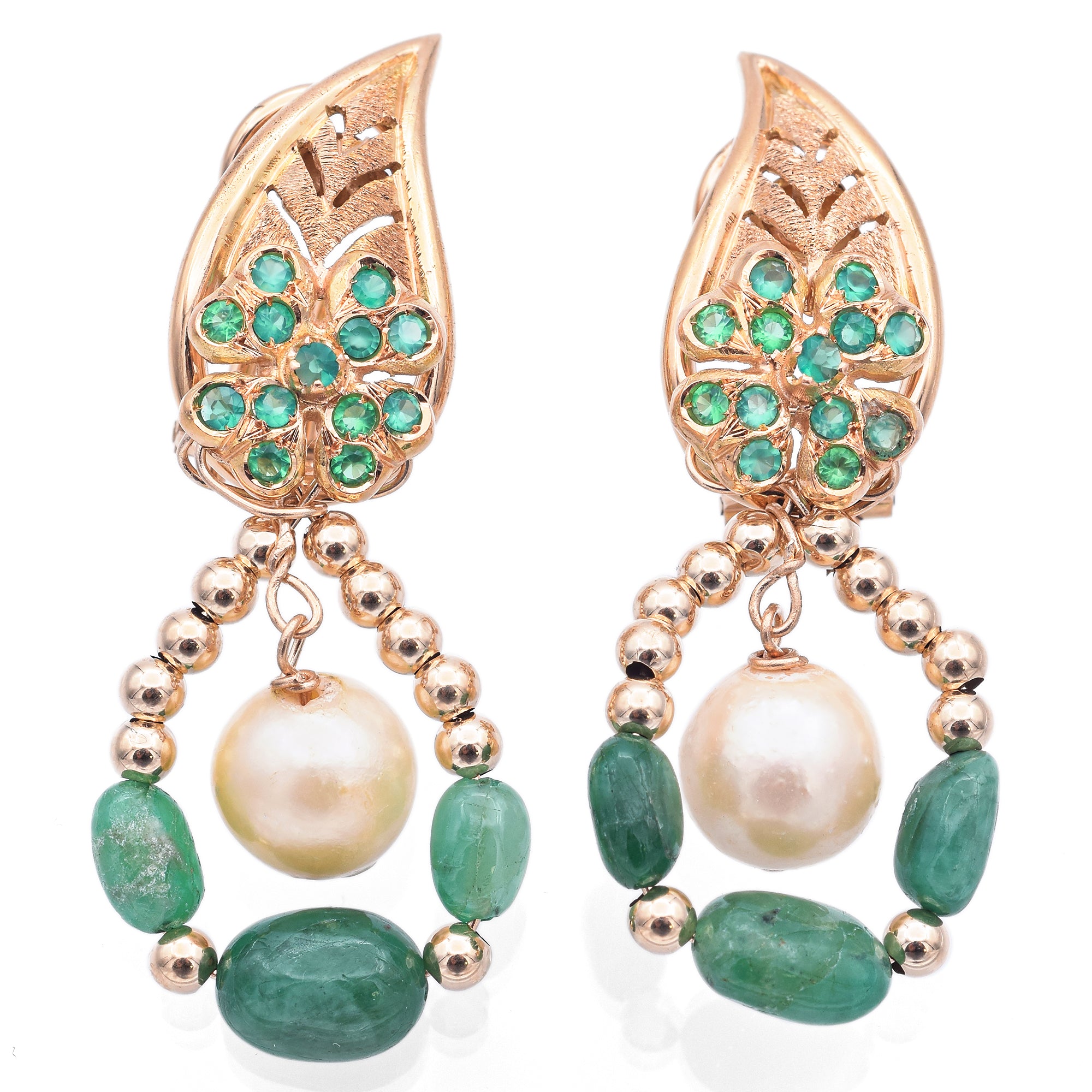 Vintage 18K Yellow Gold Emerald & Pearl Clip-On Dangle Earrings