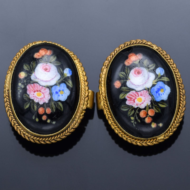 Antique Victorian English GF Jet Hand Painted Enamel Floral Cufflinks +Box