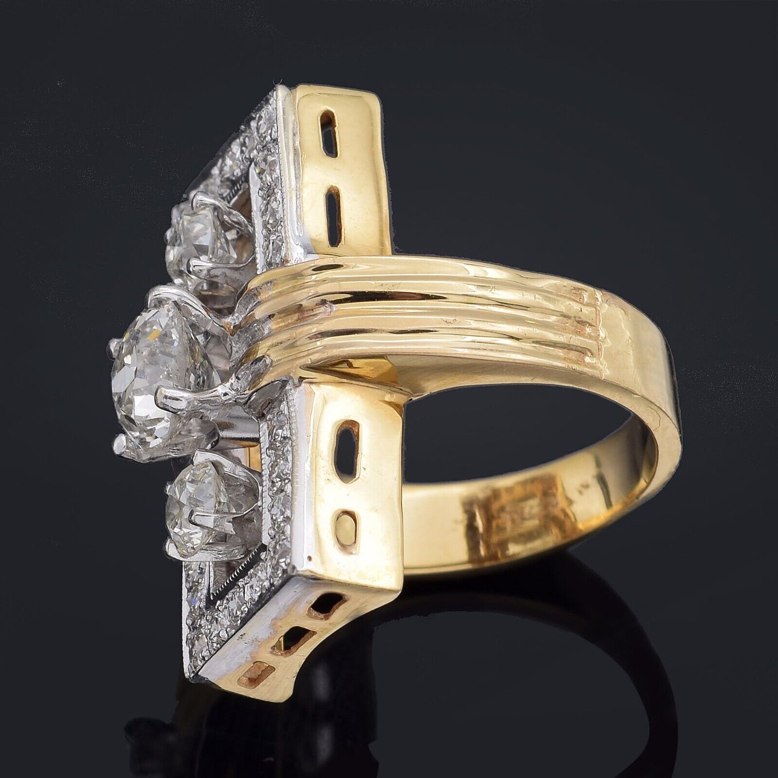 Antique Art Deco 18K Yellow Gold 2.13 TCW Diamond Cocktail Ring Size 4.75