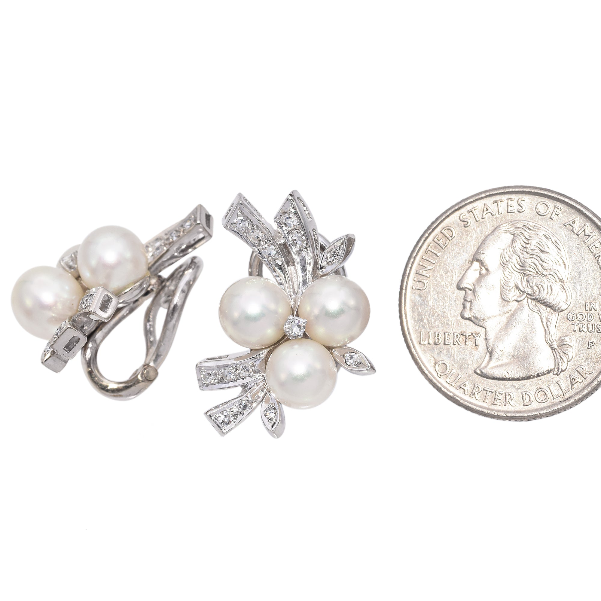 14K White Gold Pearl and 0.40 TCW Diamond Clip On Earrings