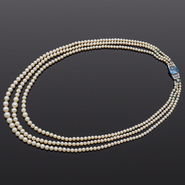 Vintage 10K White Gold Imitation Pearl & Blue Topaz Beaded Strand Necklace + Box