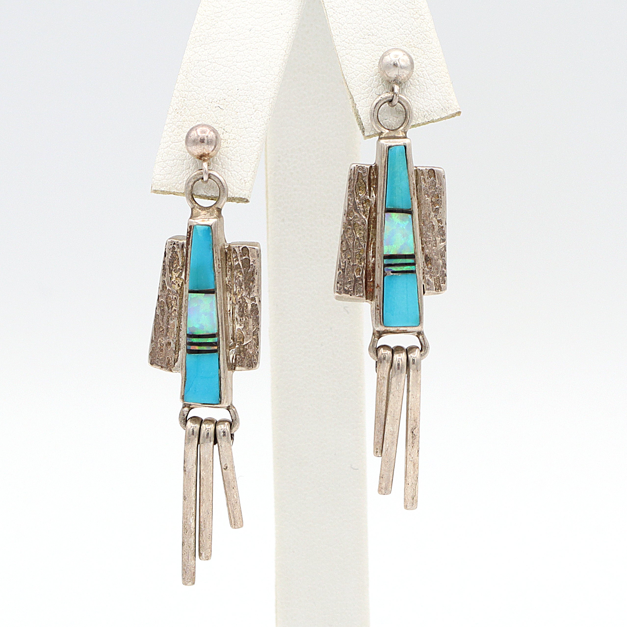 Zuni Southwestern Signed Sterling Silver Multi-Stone Inlay Necklace Earring Set