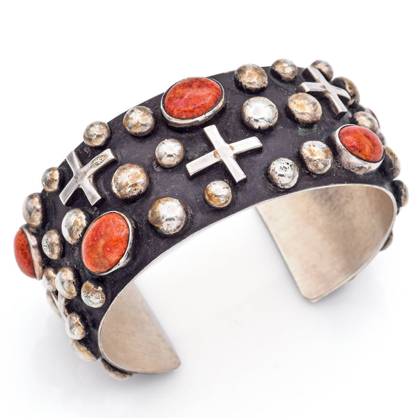 Vintage Navajo Sterling Silver & Orange Spiny Cross Cuff Bracelet Stamped and Signed by Chimney Butte