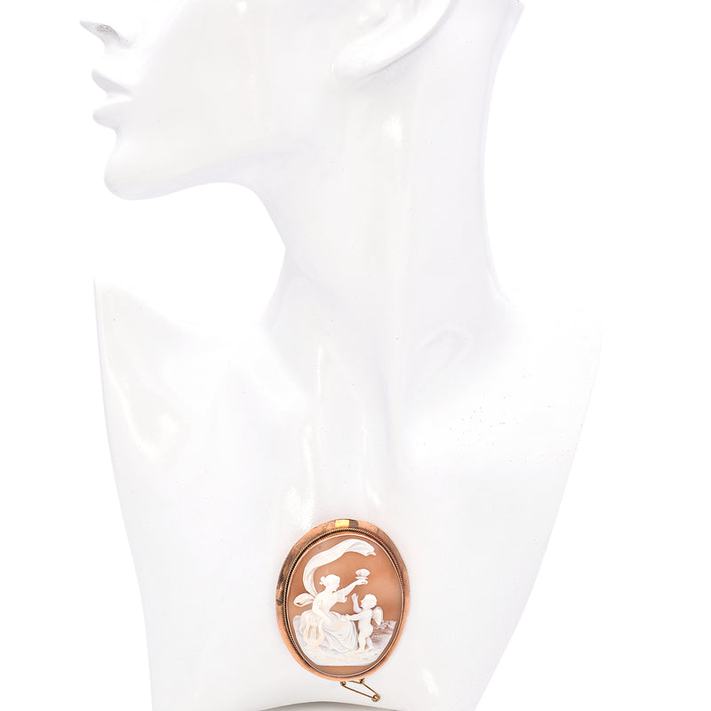 Antique 9K Rose Gold Cameo Muse with Lyre Holding Butterfly Brooch