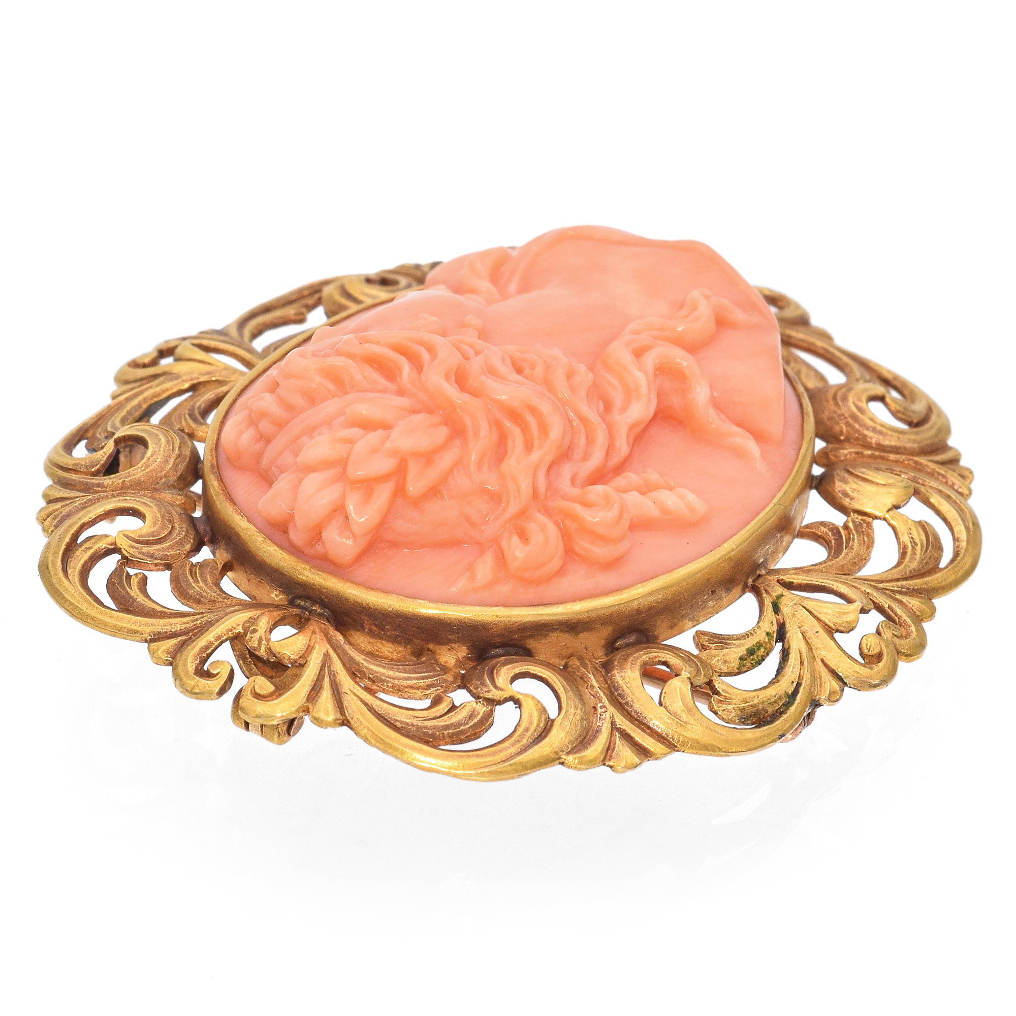 Antique 20K Yellow Gold Red Coral Cameo Filigree Brooch Pin Pendant