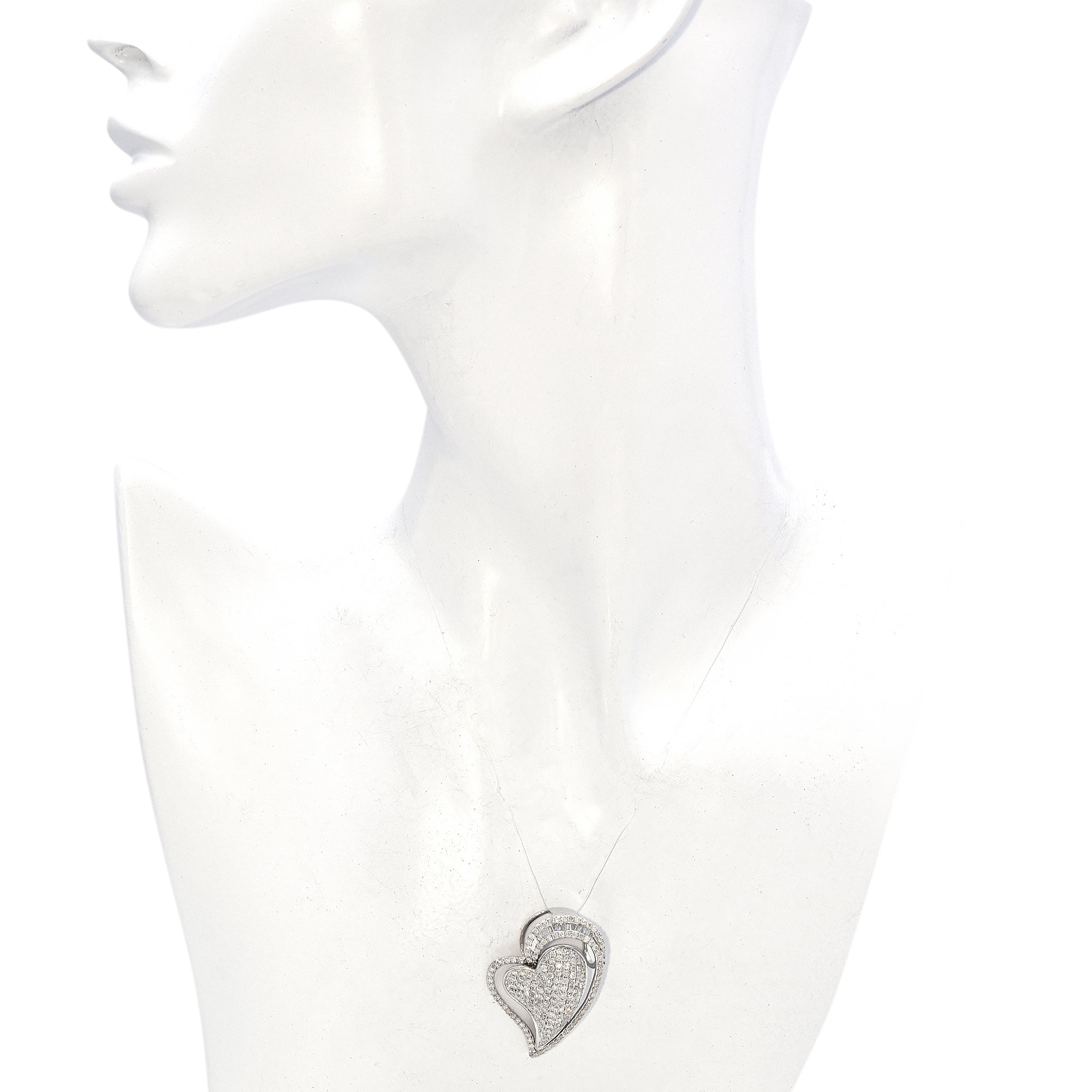 14K White Gold Pavé and Baguette 2.74 TCW Diamond Heart Pendant