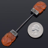 Antique Sterling Silver Carnelian Carved Bat Pin 8.1G