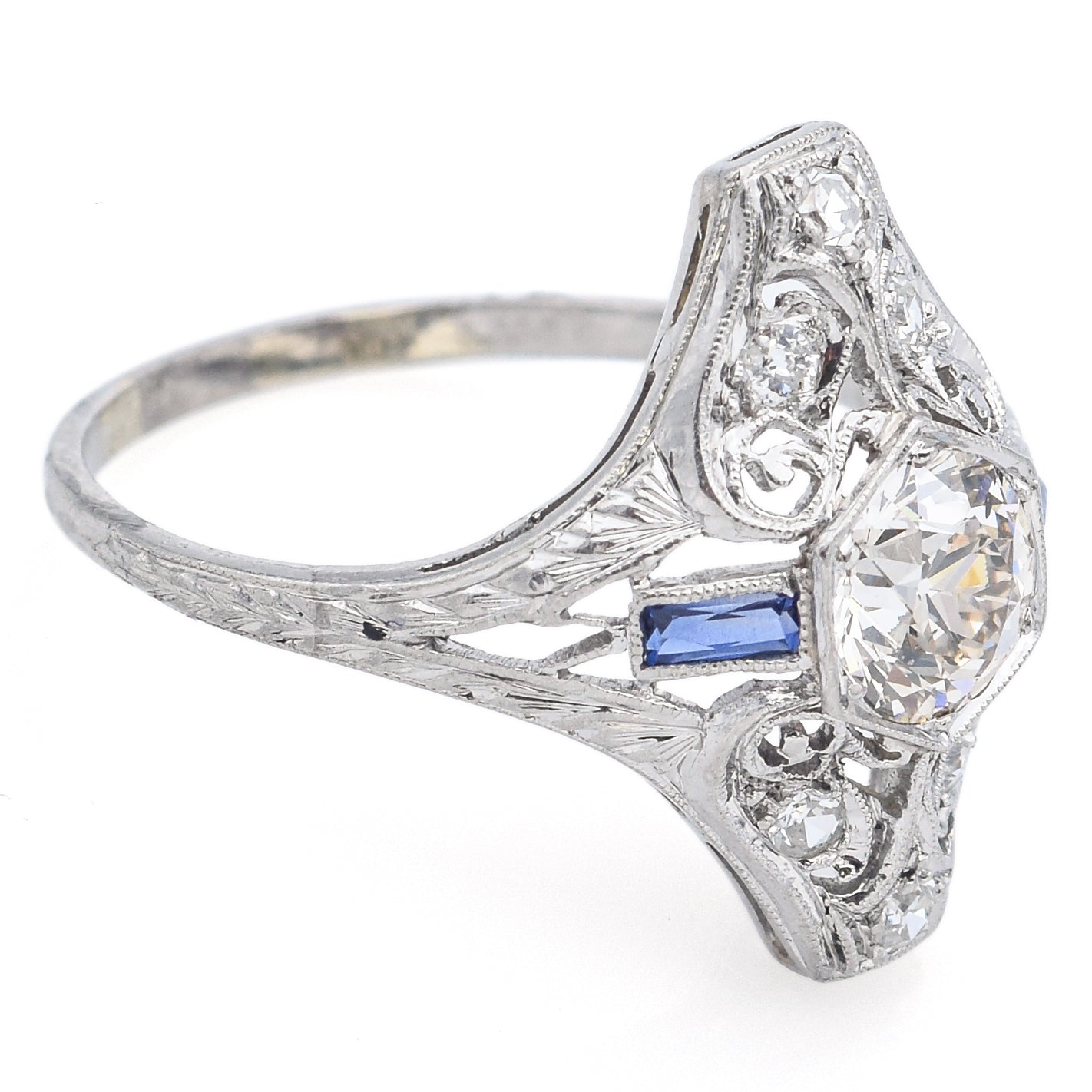 Antique Art Deco 1.04 TCW Old Euro Diamond & Sapphire Platinum Ring Size 7