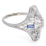 Antique Art Deco 1.04 TCW Old Euro Diamond & Sapphire Platinum Ring Size 7