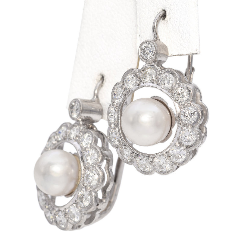 Vintage White Gold Pearl and 1.0 TCW Diamond Dangle Drop Earrings