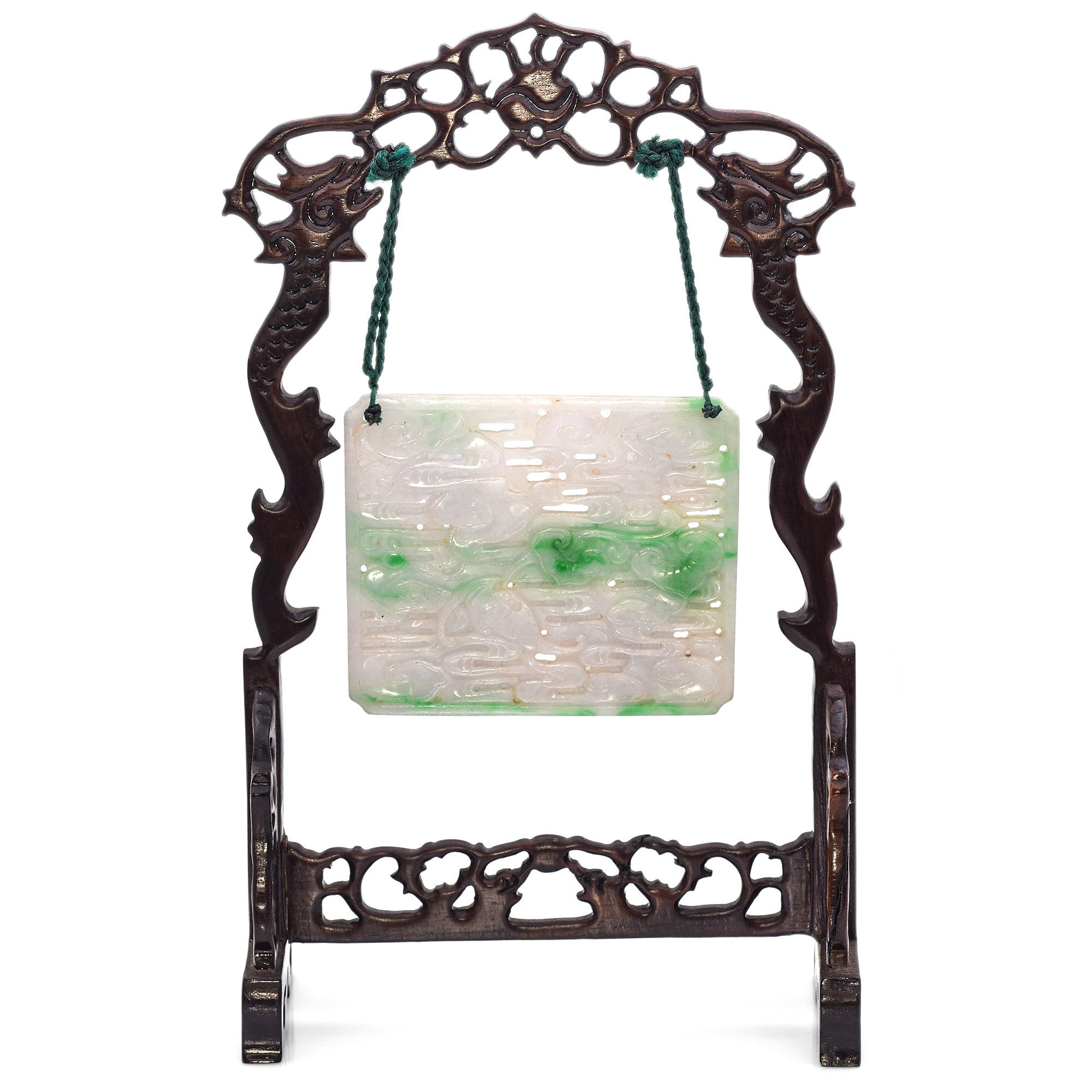 Antique Carved Green and White Jade Plaque Figurine Hanging on Wood Stand