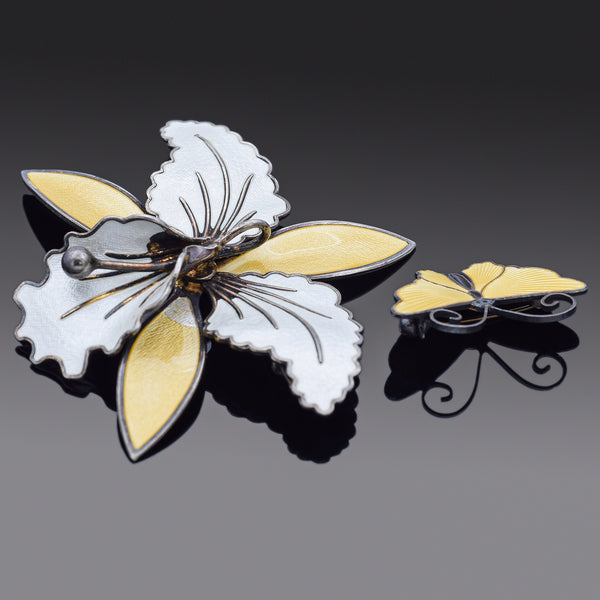 Aksel Holmsen & David Andersen Sterling Silver Floral Butterfly Enamel Brooches