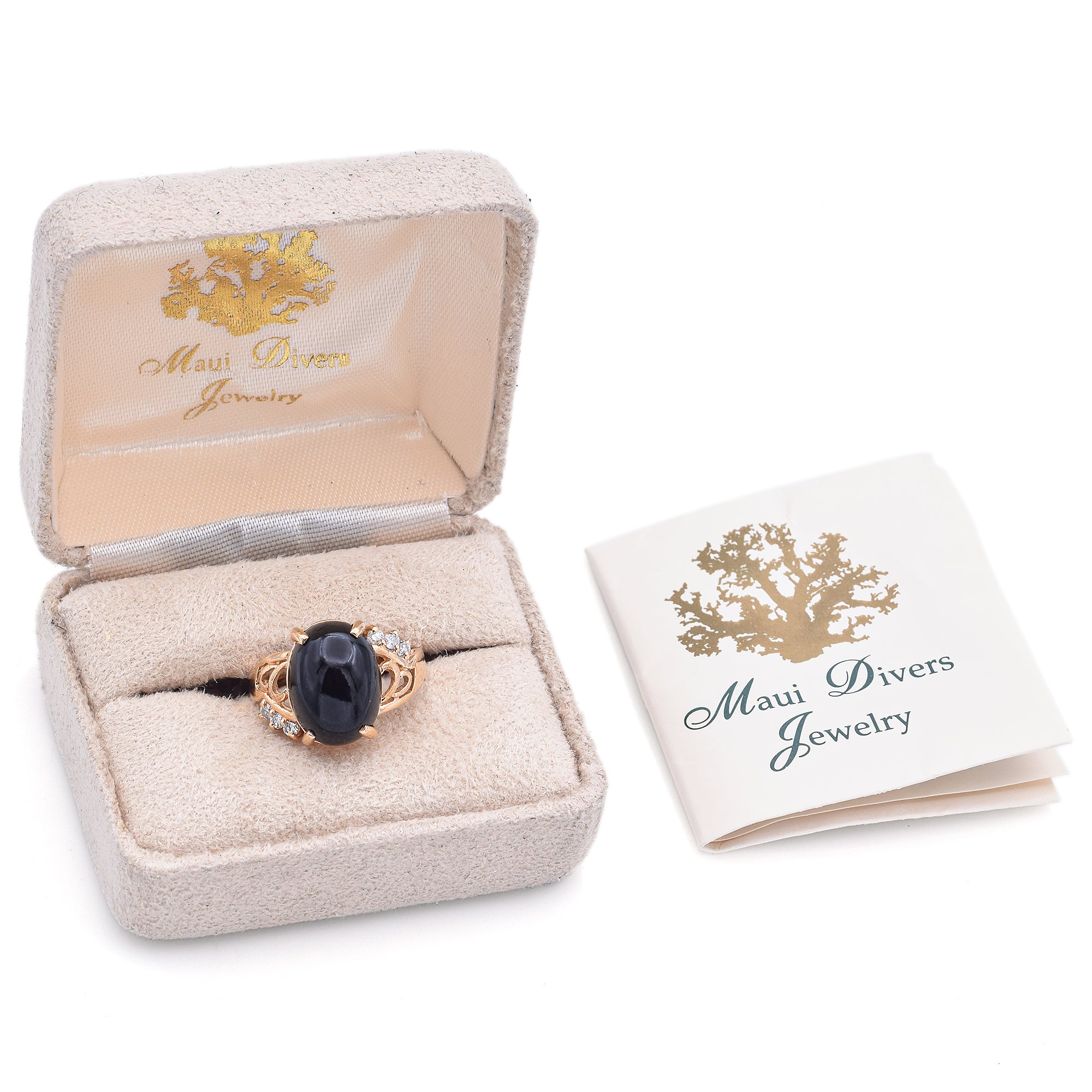 Maui Divers 14K Yellow Gold Black Coral & Diamond Cabochon Band Ring with Box