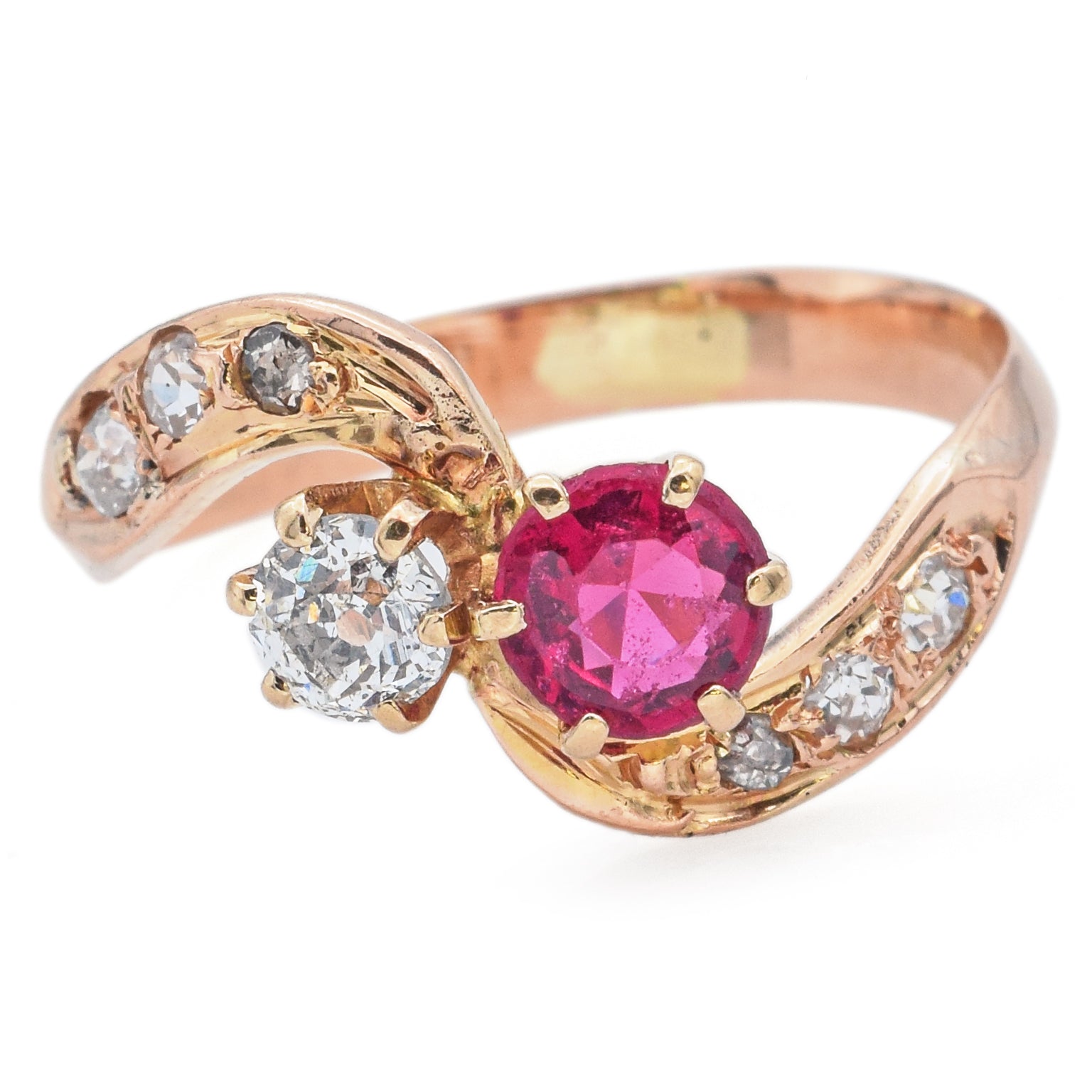 Antique 14K Yellow Gold Lab Ruby & 0.42 TCW Old Mine Cut Diamond Ring Size 6.75