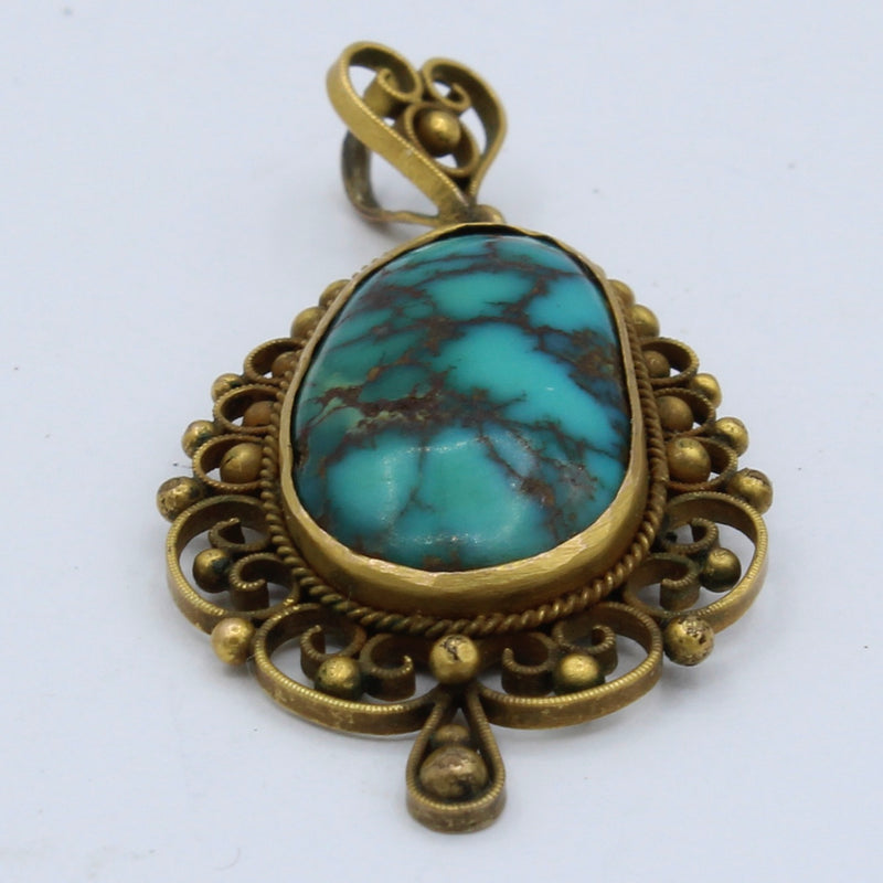 Vintage Matrix Turquoise Pendant with Filigree Work in 14K Gold