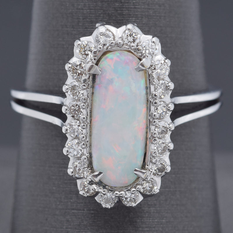 Vintage Opal & 0.40 TCW Diamond 14K White Gold Cocktail Ring Size 8.5