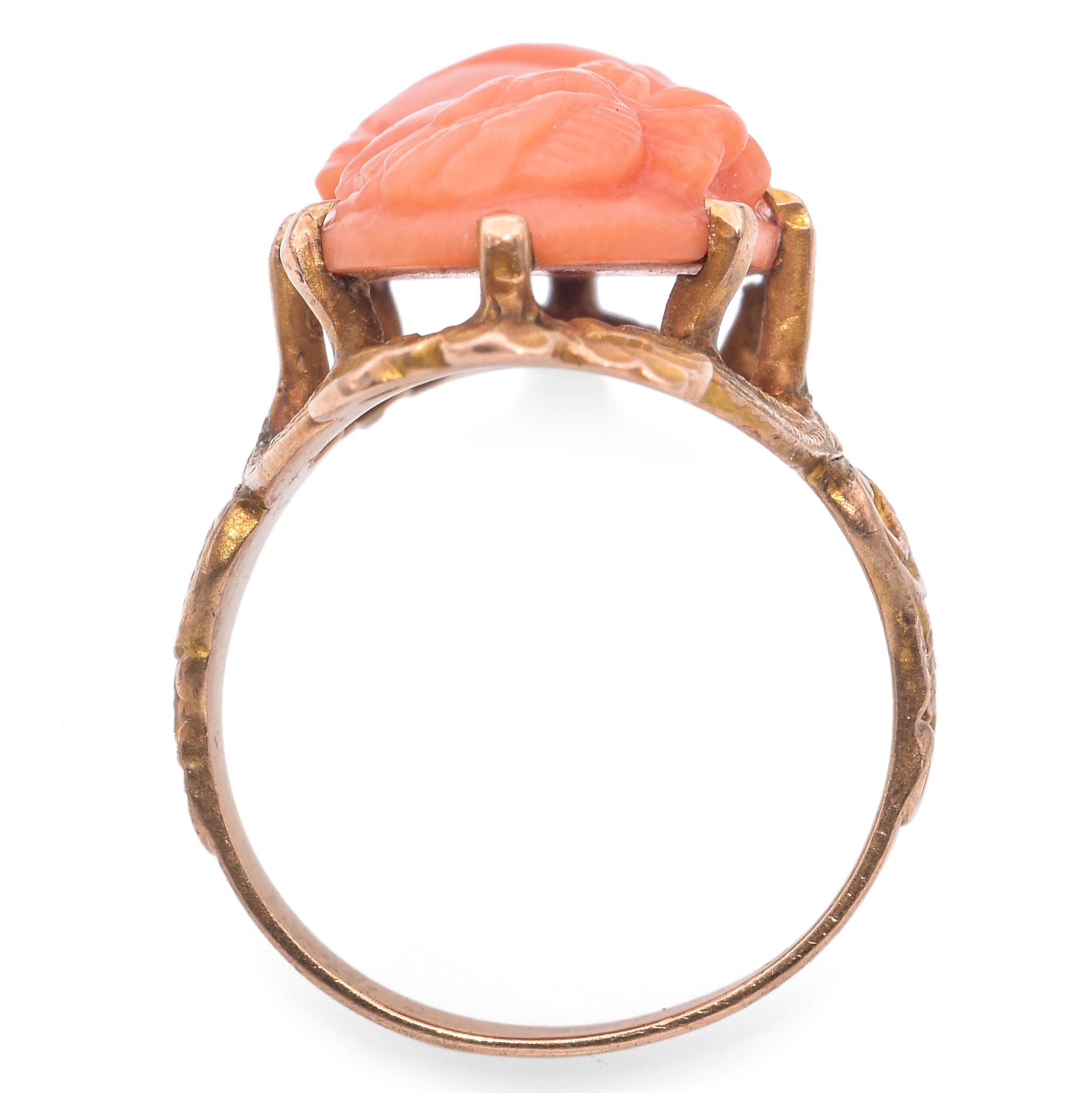 Antique Etched 14K Yellow Gold Prong Set Carved Coral Cameo Ring