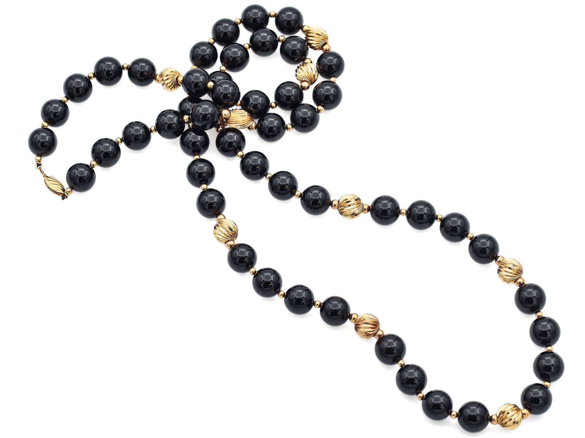 Vintage 14K Yellow Gold Black Onyx Beaded Strand Necklace 35 Inches