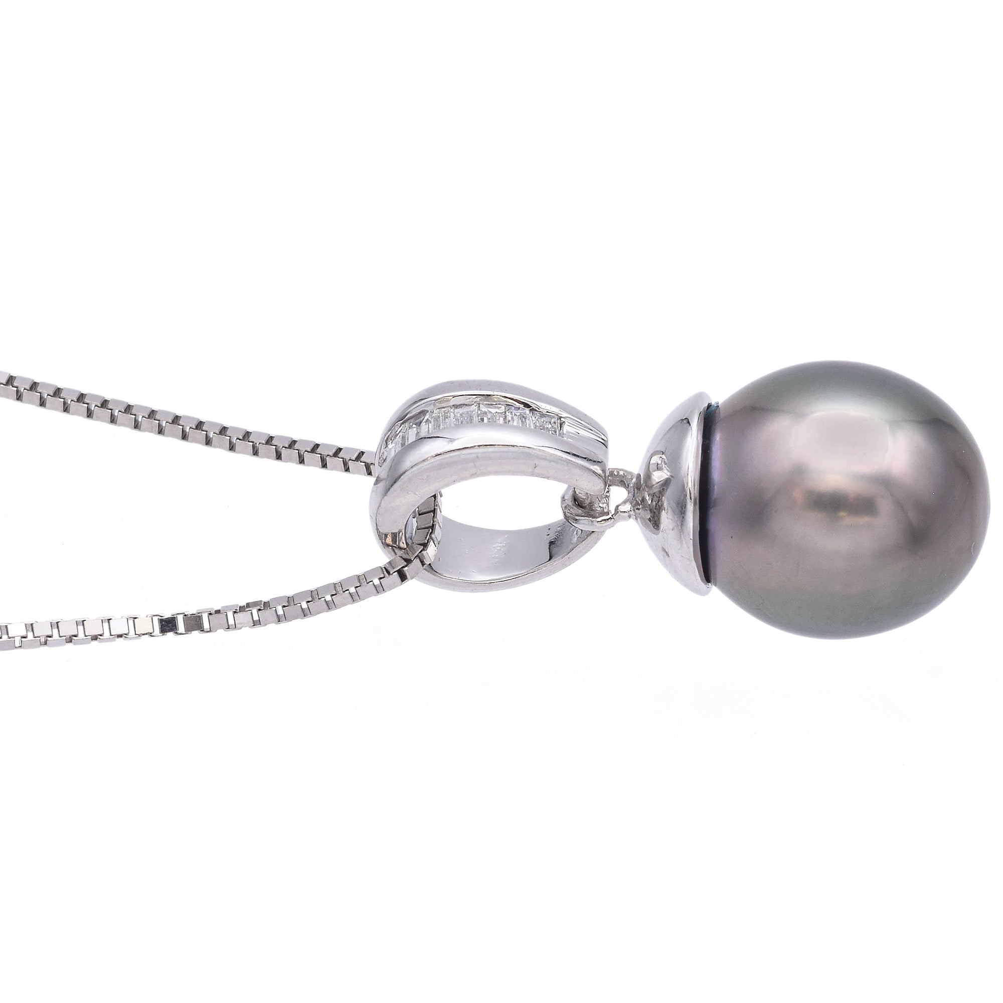 14K White Gold Tahitian Pearl & Diamond Bale Pendant on 18K White Gold Necklace