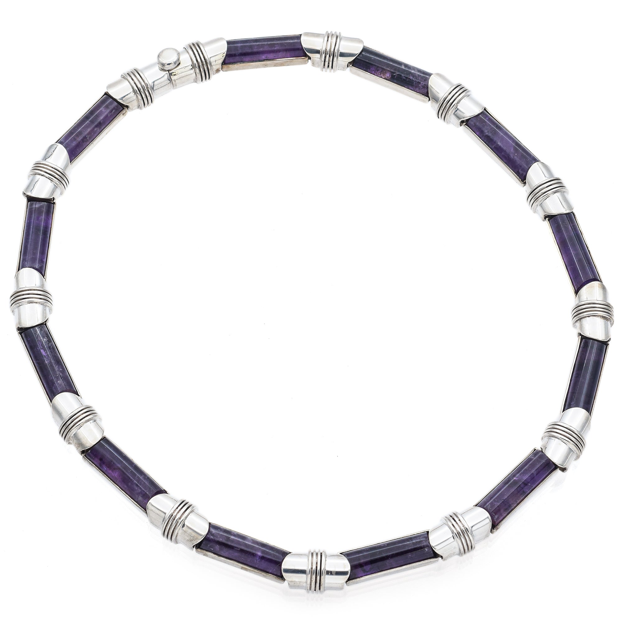 Antonio Pineda Mexico 970 Sterling Silver Amethyst Bar Link Collar Necklace