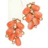 Vintage 14K Yellow Gold Salmon Coral and Diamond Earrings