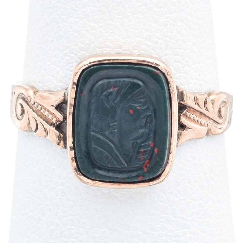 Vintage 10K Yellow Gold Bloodstone Carved Intaglio Ring Size 6