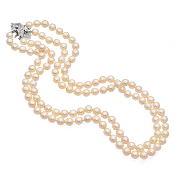 Vintage White Gold Pearl & Diamond Double-Strand Necklace