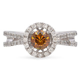 14K White Gold 0.76 TCW Brownish Orange Diamond Halo Split Shank Engagement Ring