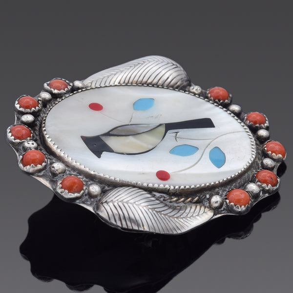 Vintage Sterling Silver Mother of Pearl, Red Coral, Onyx & Turquoise Brooch Pin