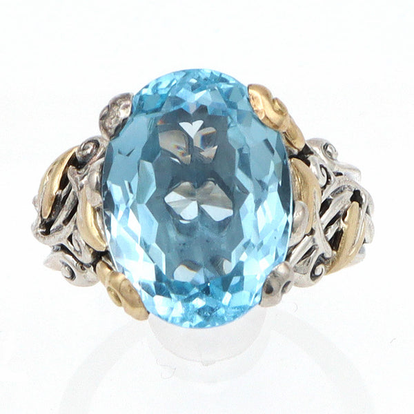 Barbara Bixby Blue Topaz Sterling Silver 18K Gold Leaf Band Ring Size 10