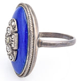 Antique Edwardian Blue Enamel Sterling Silver Marcasite Cocktail Ring Size 4.5