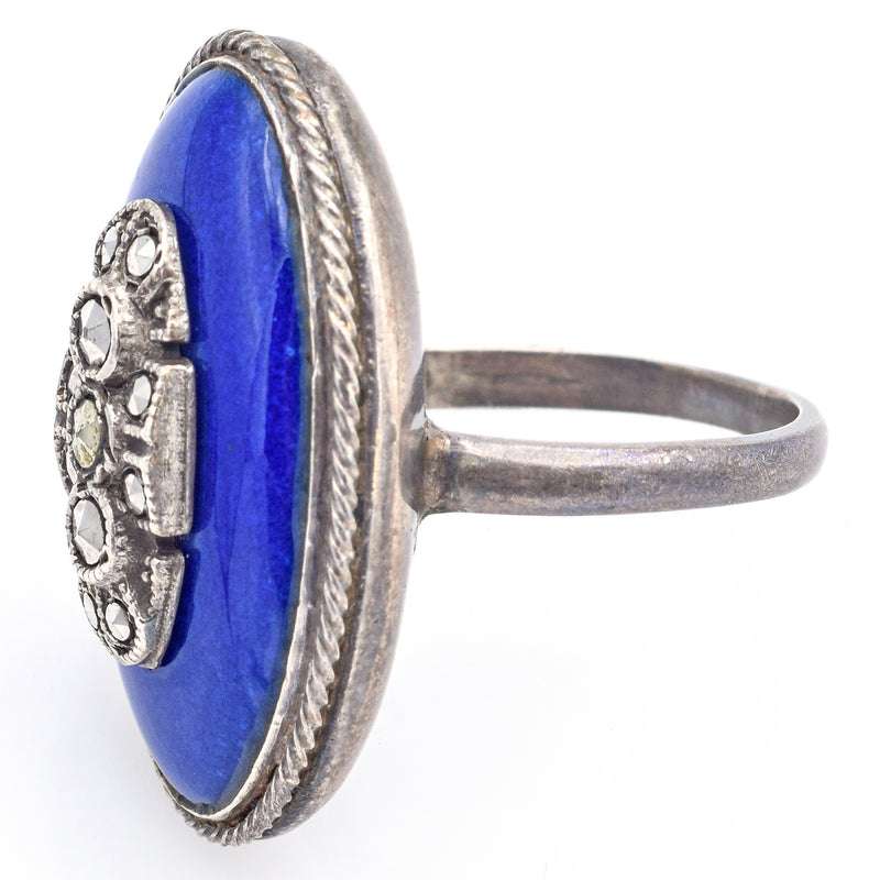 Antique Edwardian Blue Enamel Sterling Silver Marcasite Cocktail Ring Size 4.5