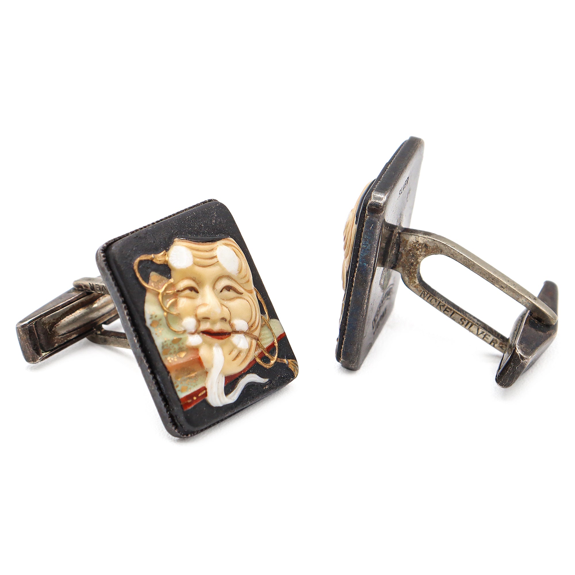 Vintage Toshikane Japan Sterling Silver Porcelain Kabuki Mask Cufflinks