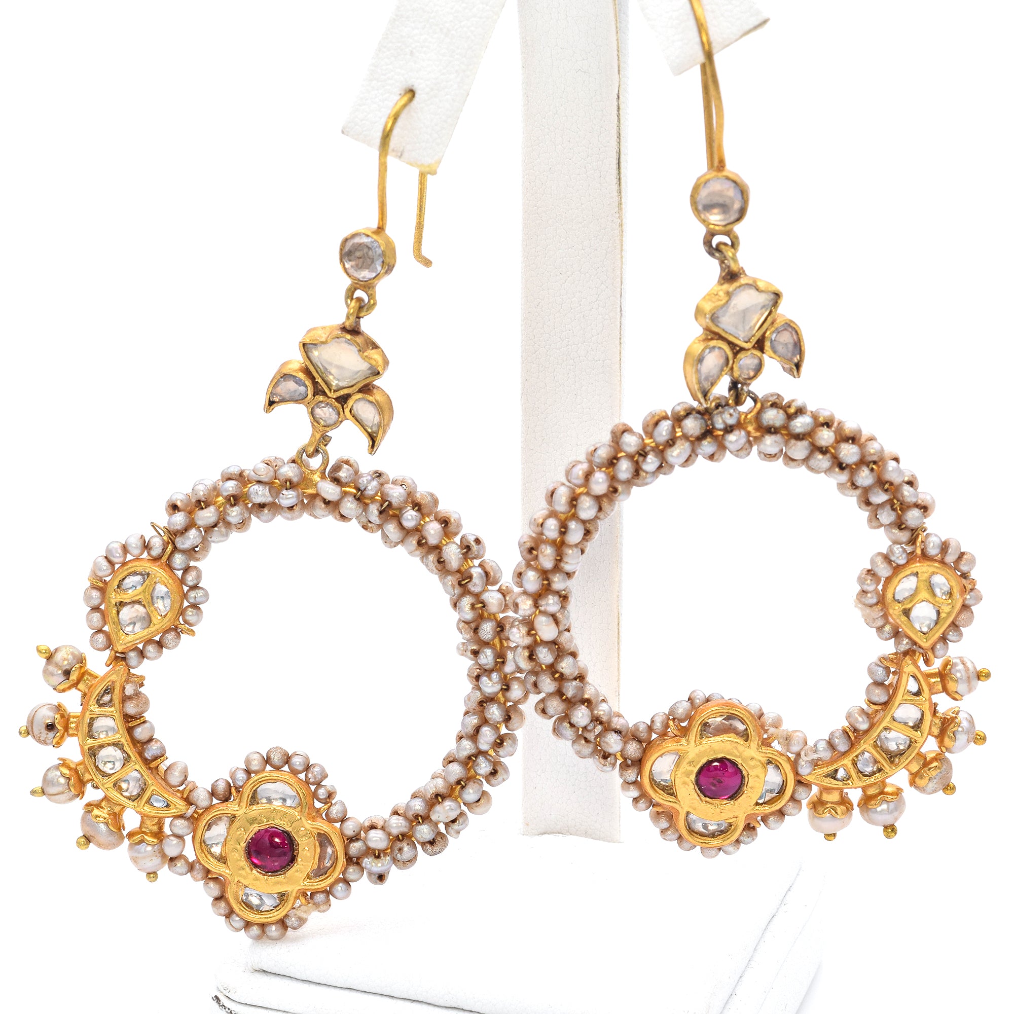 Estate Gold Vermeil Ruby Pearl Sapphire Traditional Kundan Chandbali Earrings