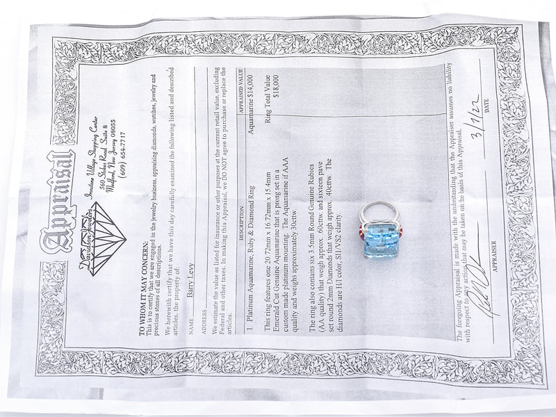 $18,000 Appraised Platinum 30 TCW Aquamarine, Ruby & 0.40 TCW Diamond Ring +Box