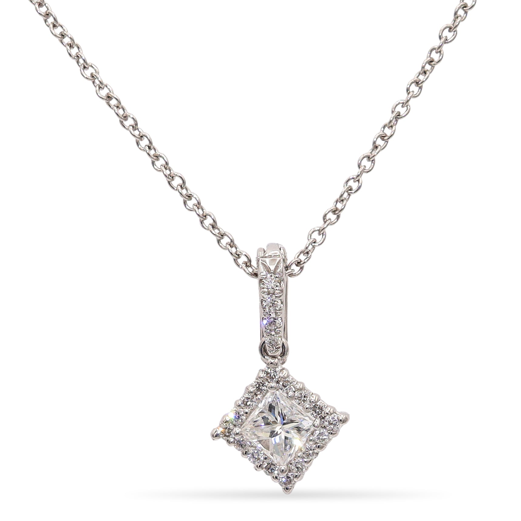 18K White Gold 0.50 TCW Princess Cut Diamond Pendant Necklace D/F SI1-SI2