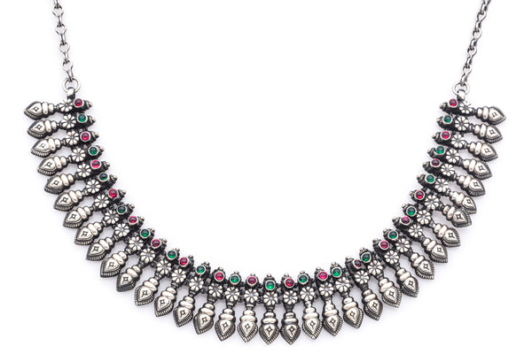 Estate Sterling Silver Red & Green Tourmaline Tribal Etched Collar Necklace