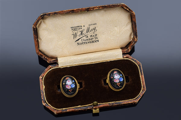 Antique Victorian English GF Jet Hand Painted Enamel Floral Cufflinks +Box