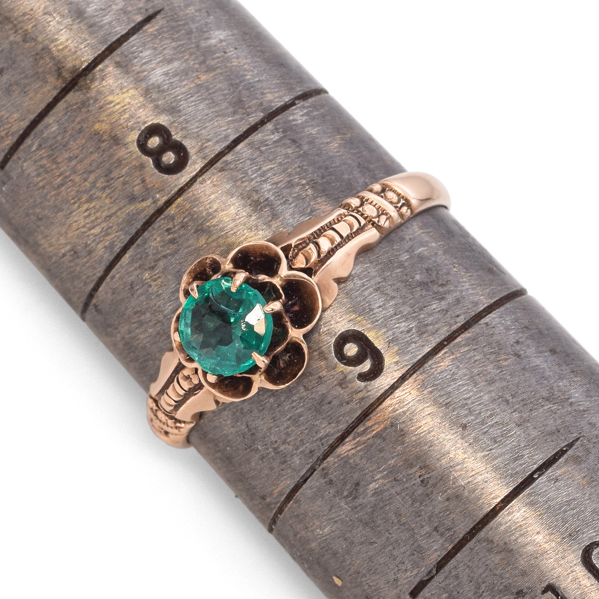 Allsopp-Steller Vintage 10K Rose Gold Round Cut Emerald with Floral Motif Ring