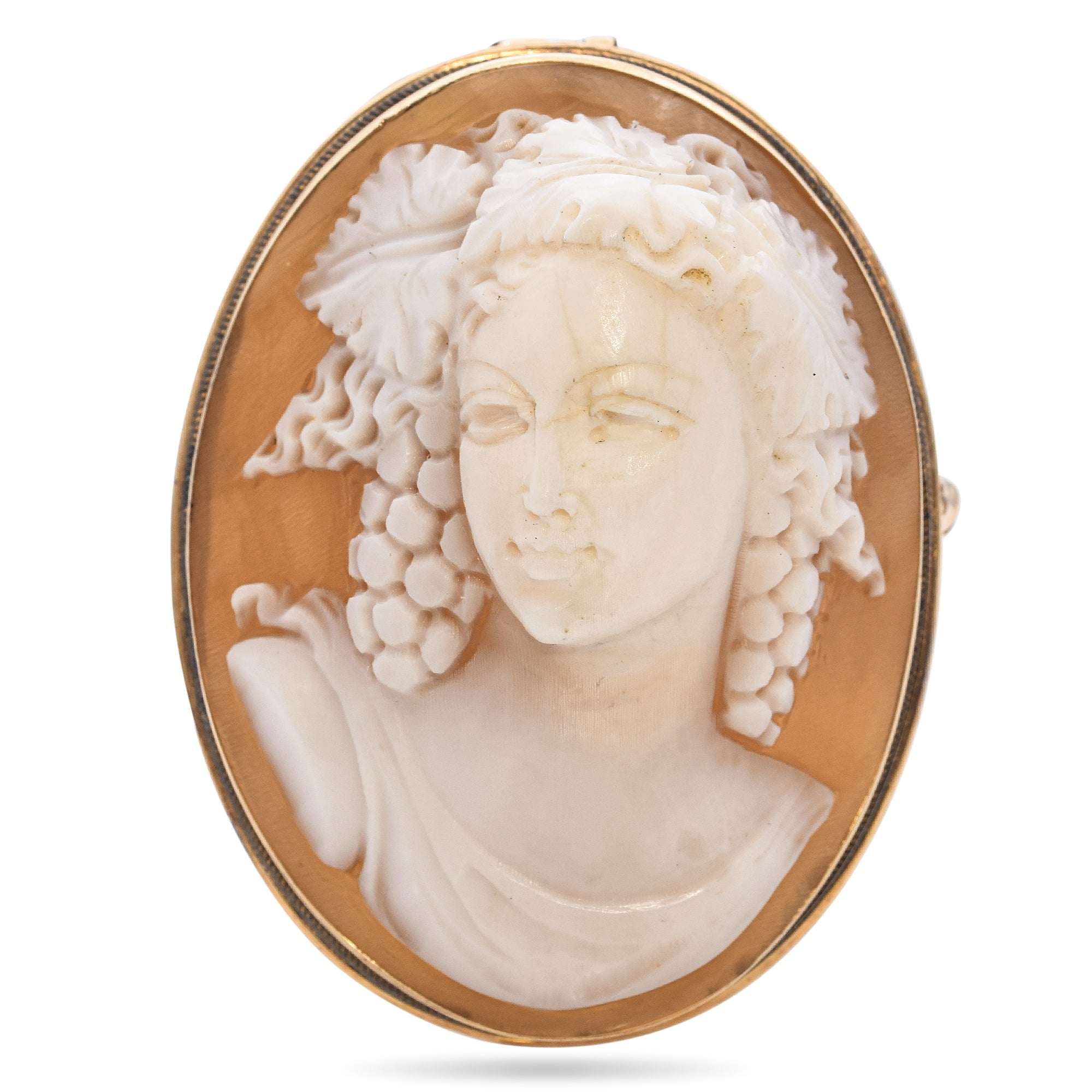 Antique Yellow Gold Lady Carved Shell Cameo Brooch Pendant