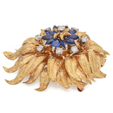 Vintage 18K Yellow Gold Flower 1.11 TCW Sapphire and 0.77 TCW Diamond Brooch Pin