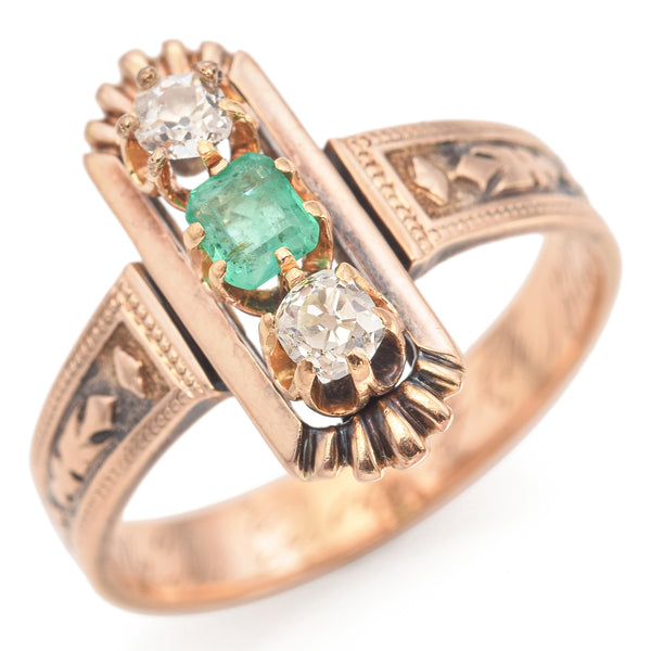 Antique 12K Rose Gold Emerald and Old Mine Cut Diamond Band Ring Size 8