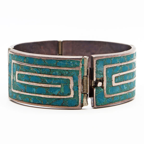 Vintage Handmade GuadMex Mexico Sterling Silver Turquoise Hinged Bangle Bracelet