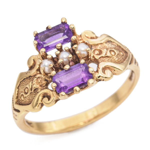 Antique Yellow Gold Amethyst and Pearl Band Ring