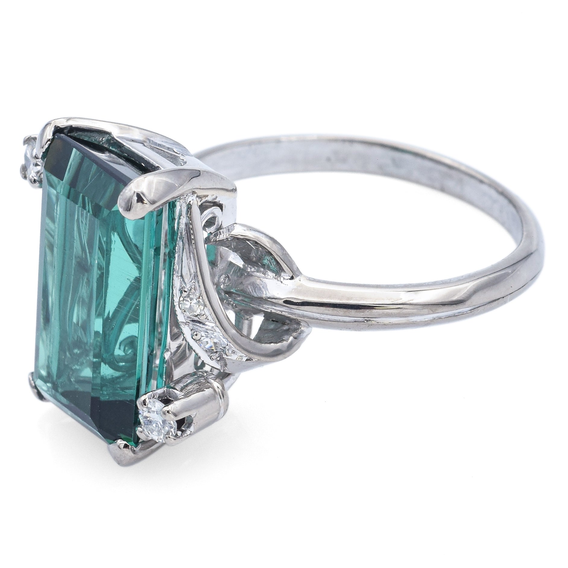 Vintage 14K White Gold 4.2 Ct Emerald Cut Green Tourmaline & Diamond Ring