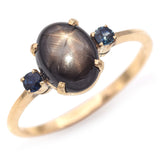 10K Yellow Gold Black Star Sapphire Cabochon and Accent Round Sapphire Ring