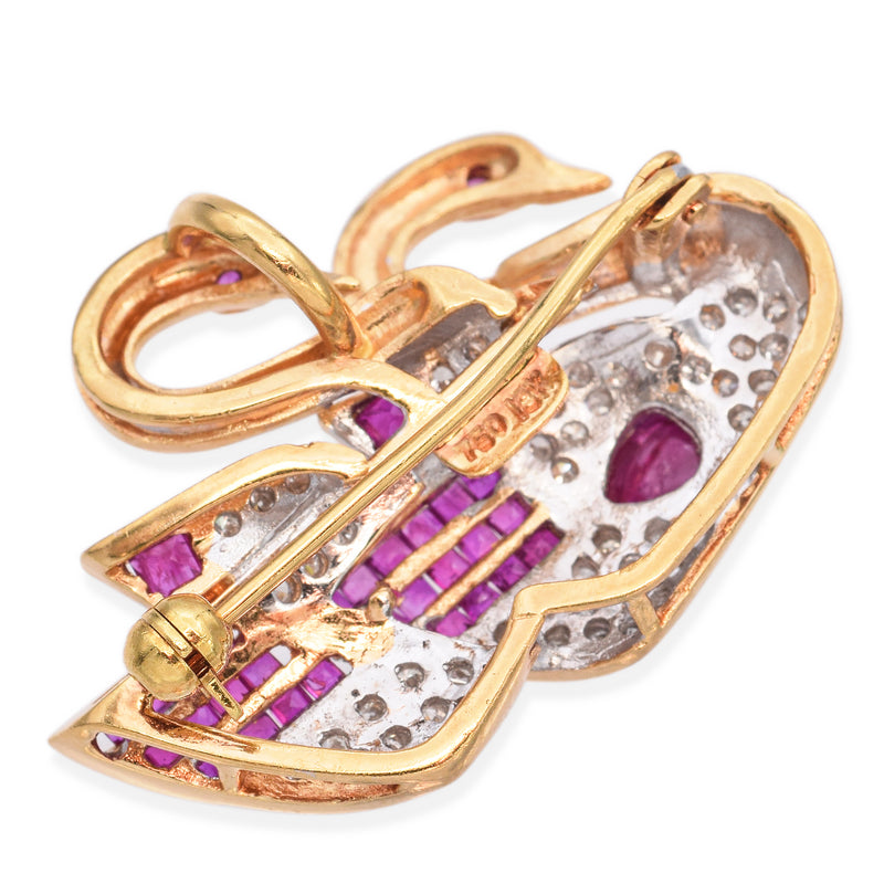 18K Yellow Gold 1.07 TCW Ruby and Diamond Swans Brooch Pendant