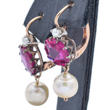 Antique 18K Yellow Gold Mine Cut Lab Ruby & Pearl Leverback Dangle Earrings