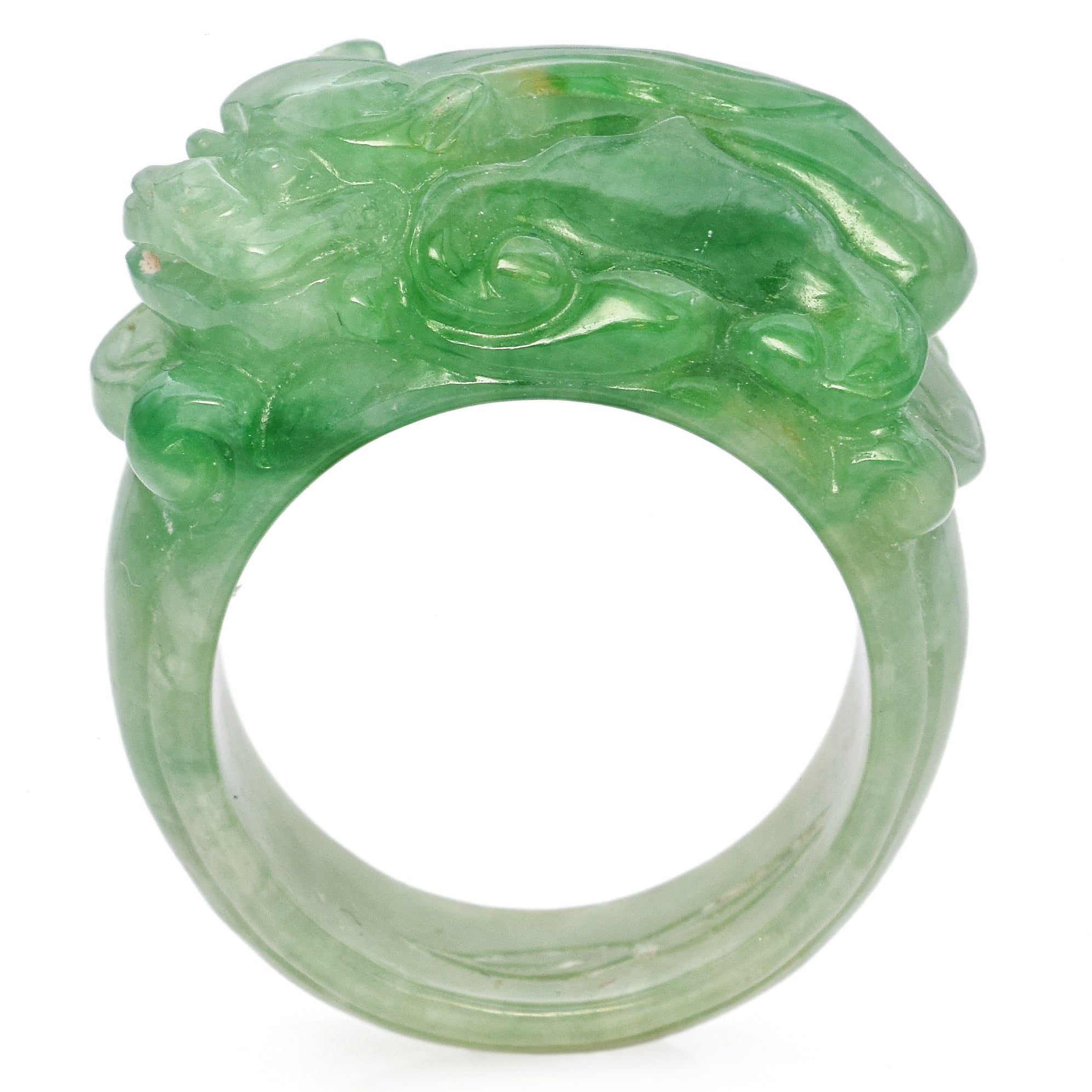 Grade A Translucent Green Jade Carved Saddle Band Ring with Certificate