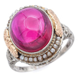 Antique Platinum & 14K Gold 10.06Ct Lab Ruby & Seed Pearl Cocktail Ring Size9